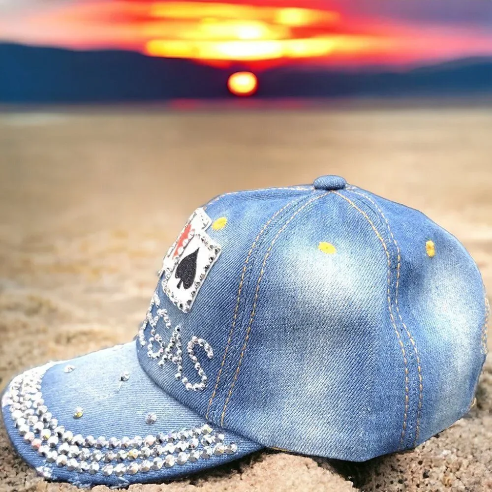 Las Vegas rhinestones poker cards distressed blue cap hat